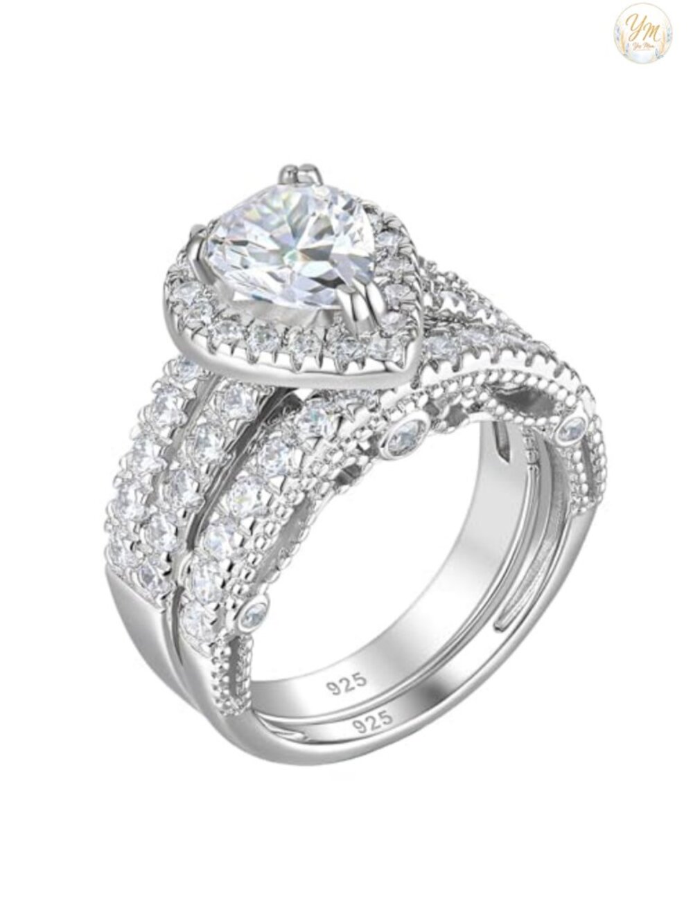Sterling Silver Bridal Set Pear Shape Cubic Zirconia Wedding Ring 4ct